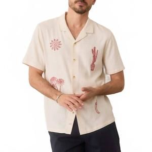 NEW MARINE LAYER stretch selvage embroidered resort shirt in natural embroidered